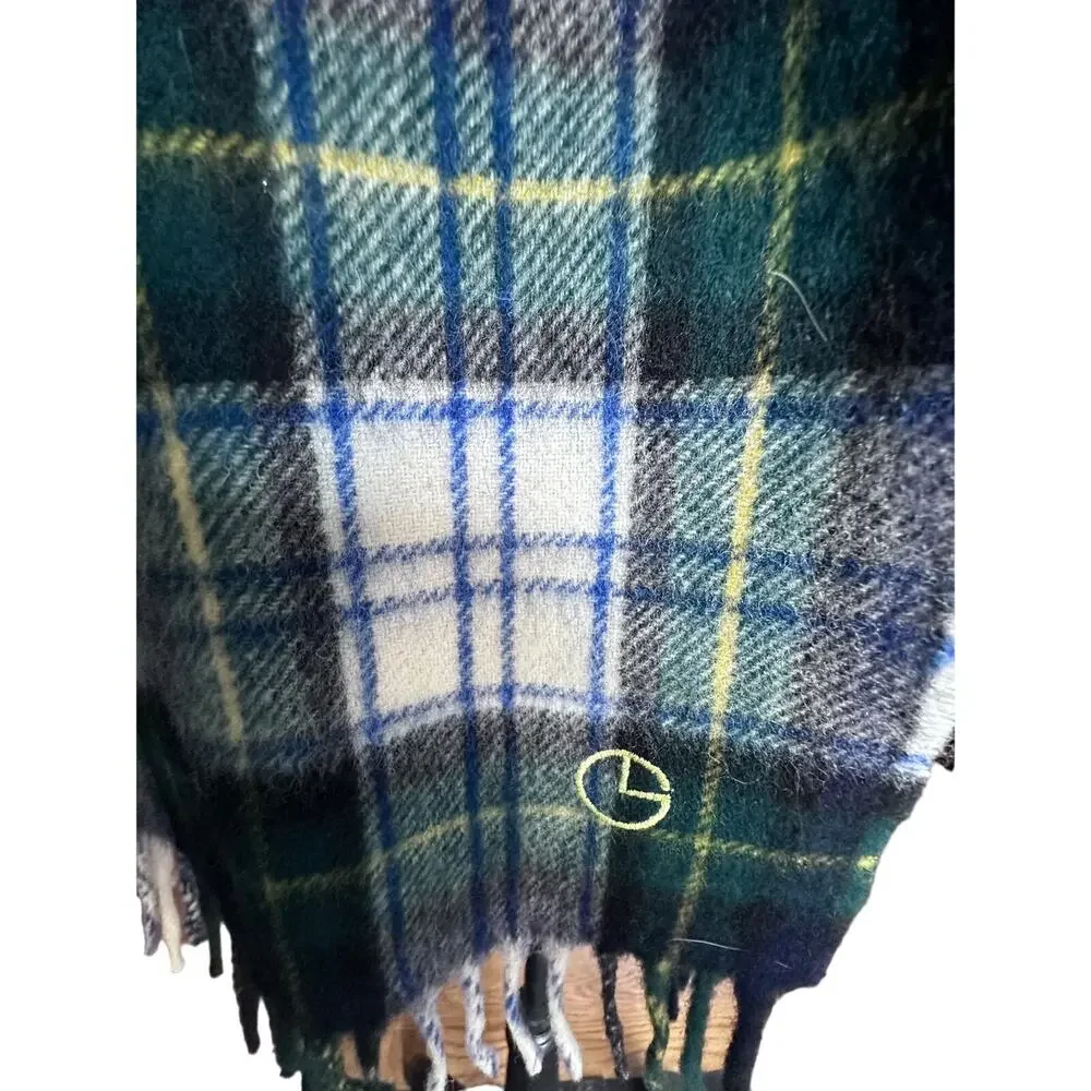 GoldLion 100% Wool Scarf Made In‎ Scotland Green White Plaid Fringe 56